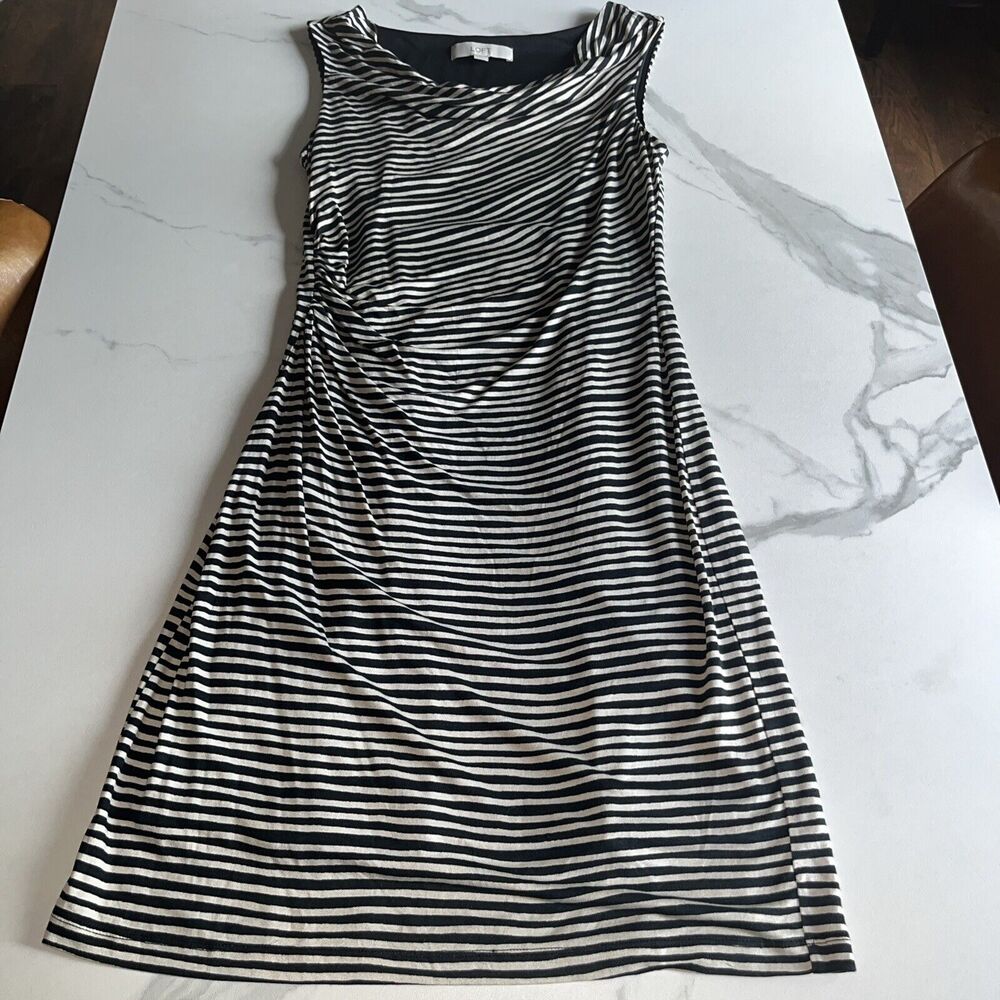 LOFT Ann Taylor Striped Dress Women Sz Small Sleeveless Lined Black Ivory Stripe